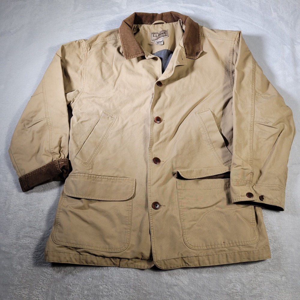 LL Bean Field Coat Mens XL Tan Canvas Flannel Lined Corduroy Trim Chore Jacket